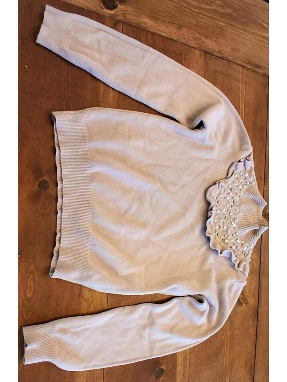 Anthropologie Twelfth Love pink sweater adorned with pearls and diamonds